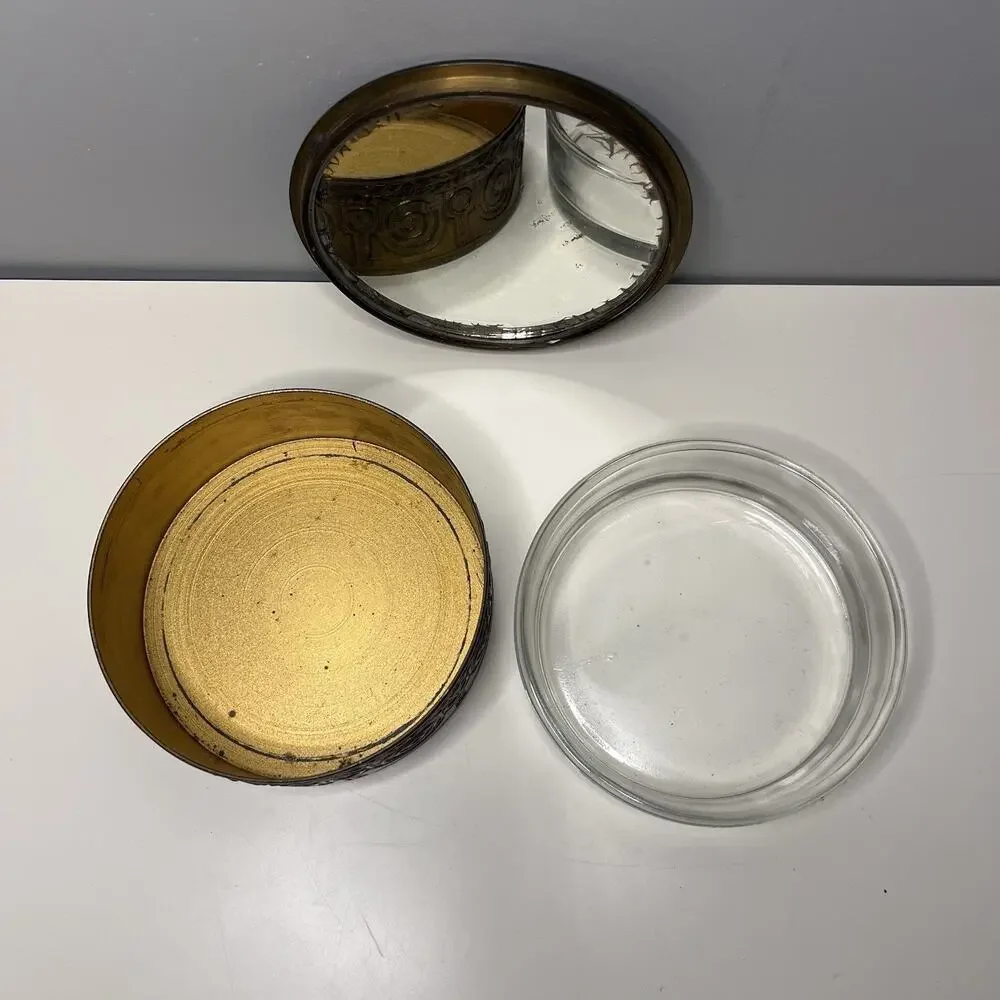 Pastoral Scene Gilded Brass Powder Trinket Box Mirrored Glass Insert Vintage